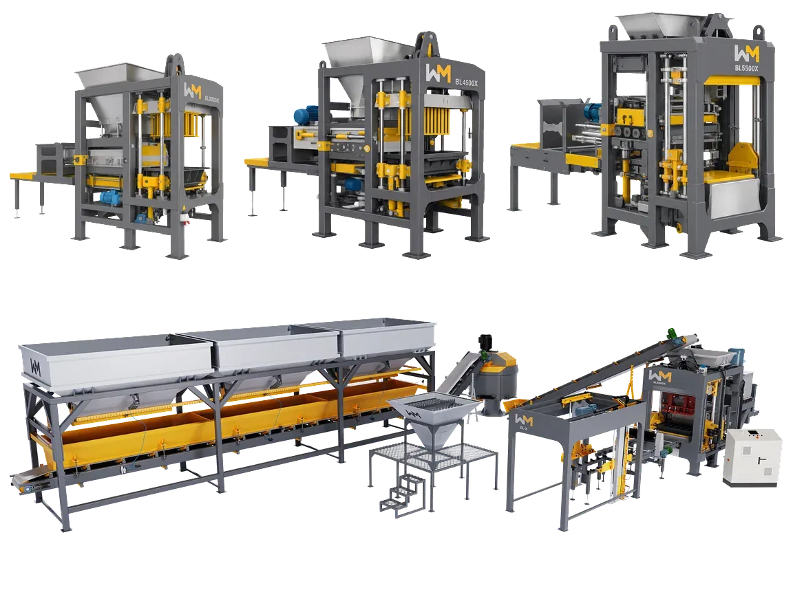 Linha WM Máquinas: máquinas de blocos e pavers BL3000X, BL4500X e BL5500X e a planta WM Futura Block